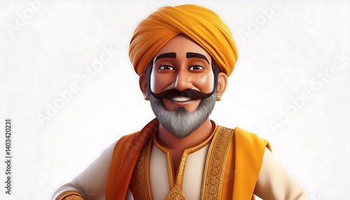 Cheerful animated character in traditional attire with orange turban and beard, smiling contently