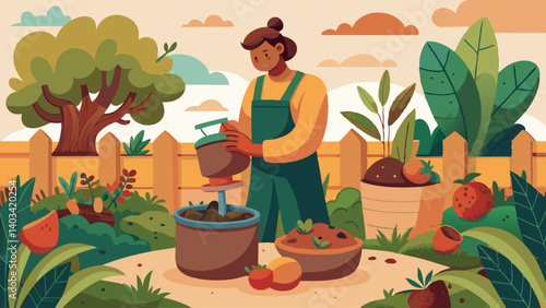 A woman is watering plants in a garden. She is wearing a yellow apron and holding a watering can. The garden is full of plants and fruits, including apples and oranges. The scene has a peaceful