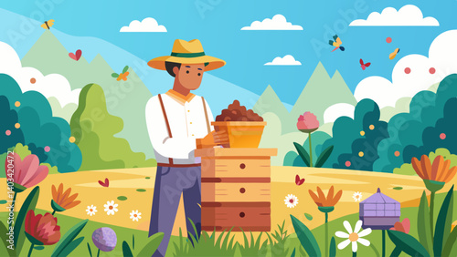 A man is standing in a field with a beehive in front of him. The scene is filled with flowers and butterflies, creating a peaceful and serene atmosphere