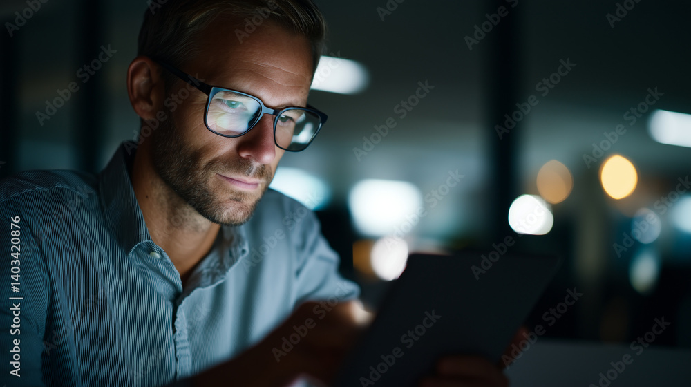 Night Startup Tablet Man: a quiet office hums with the buzz of focus, the air heavy with the scent of coffee and tech, a man works on a tablet under dim lights Night Startup Tablet Man: a quiet office hums with the buzz of focus, the air heavy with the scent of coffee and tech, a man works on a tablet under dim lights
