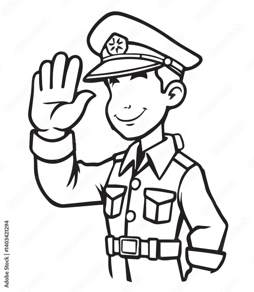 Outline illustration of a polite police officer giving a friendly hand gesture Outline illustration of a polite police officer giving a friendly hand gesture