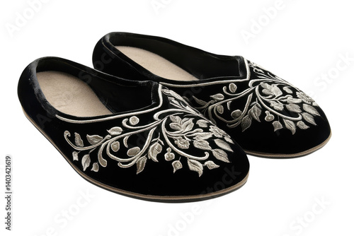 Elegant black velvet slippers adorned with silver floral embroidery luxurious comfort detailed