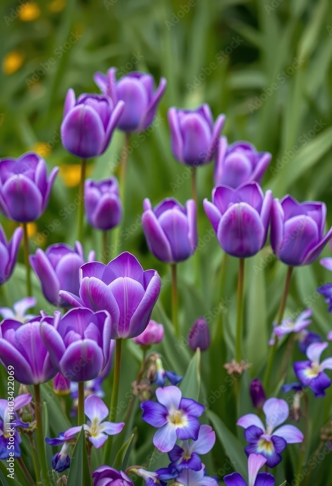 Lush green backdrop showcasing vibrant blue-purple tulips and violets in full bloom, closeup, stock Lush green backdrop showcasing vibrant blue-purple tulips and violets in full bloom, closeup, stock