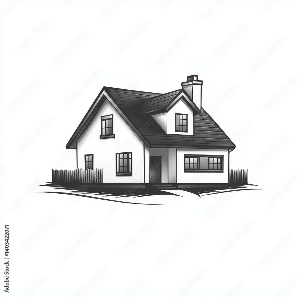Charming small house with a sloped roof and fence surrounded by a clear area Charming small house with a sloped roof and fence surrounded by a clear area