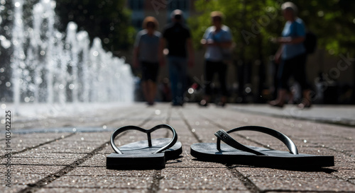 Lost flip-flops on pavement near city fountain summer urban scene concept of forgotten objects and nostalgia minimalistic detail