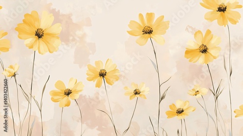 Minimalistic Coreopsis aesthetic floral wallpaper featuring repeating patterns of yellow flowers set against a soft muted backdrop
