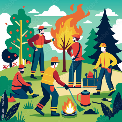 A group of firefighters are gathered around a fire, with one man holding a fire extinguisher. The scene is set in a forest, with trees and a fire in the background. Scene is tense and serious
