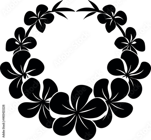 Elegant Black Floral Wreath with Plumeria Flowers and Branch Accents Illustration vector silhouette line art Generative AI