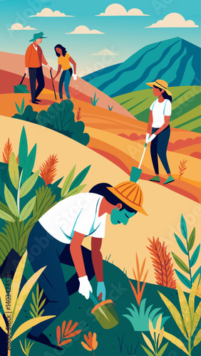 A group of people are working in a field, with some of them planting carrots. Scene is positive and uplifting, as the people are working together to grow food and contribute to their community