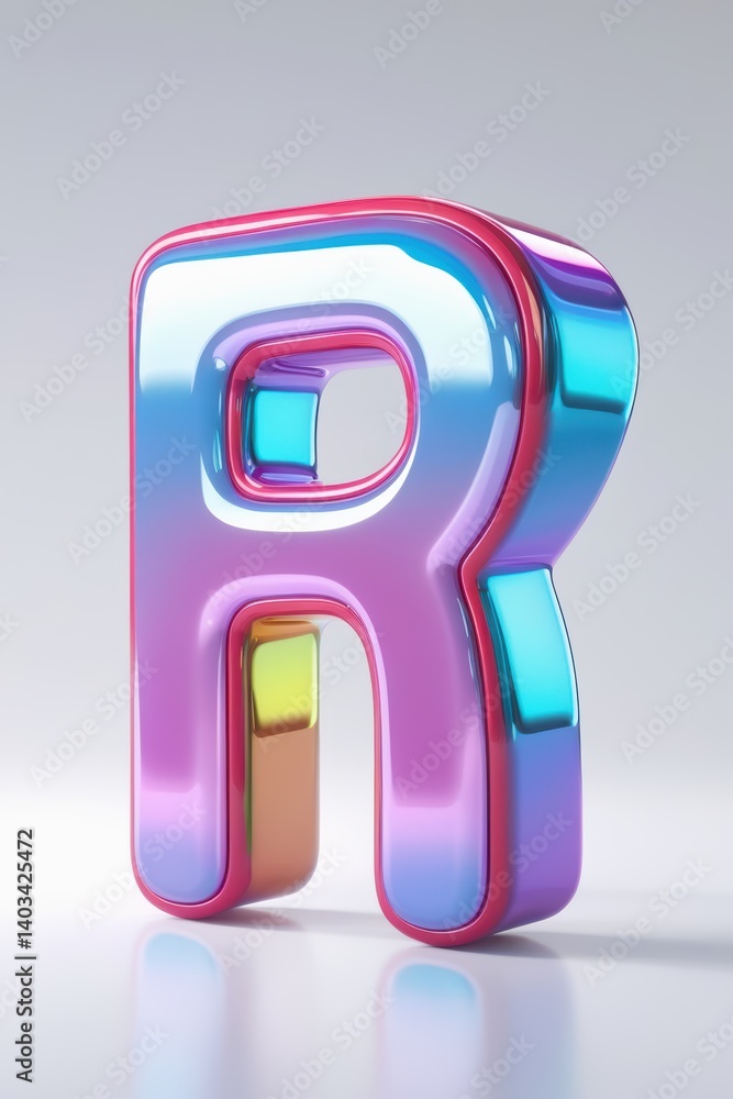 A vibrant iridescent letter r standing upright against a plain light gray colored background studio shot A vibrant iridescent letter r standing upright against a plain light gray colored background studio shot