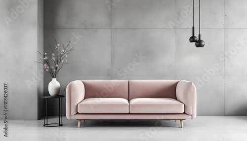 Stylish Pink Velvet Sofa in Modern Interior with Concrete Wall