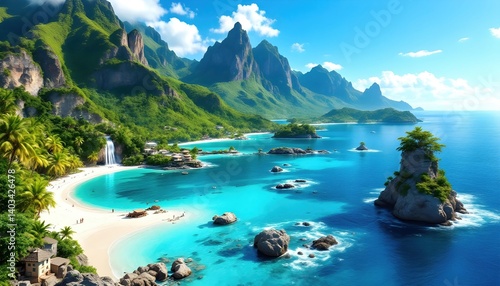 Tropical Beach Paradise with Turquoise Water and Lush Green Mountains