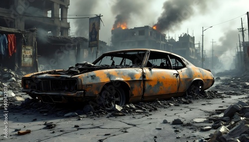 Wrecked Orange Car in Post-apocalyptic Cityscape After a Fire