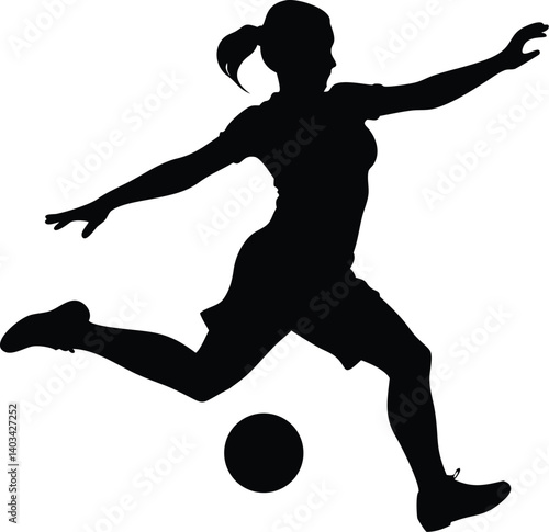 Dynamic Female Soccer Player Silhouette Kicking Ball - High Contrast Vector Art