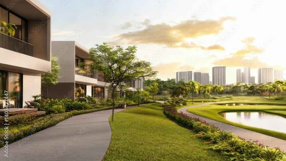 Residential Haven: An inviting pathway leads through a meticulously landscaped residential area, where modern architecture blends harmoniously with nature, promising an idyllic lifestyle. Residential Haven: An inviting pathway leads through a meticulously landscaped residential area, where modern architecture blends harmoniously with nature, promising an idyllic lifestyle.