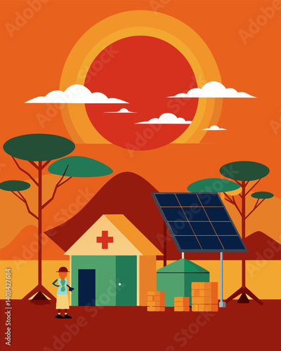 In a sprawling savannah a solarpowered clinic offers a lifeline to the nomadic tribes who call it home powered by the endless rays of the sun.. Vector illustration