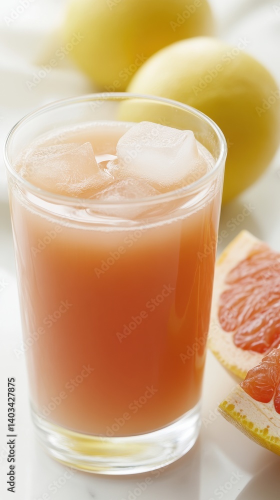 Refreshing grapefruit juice with ice served alongside fresh lemons and grapefruit slices in a cozy setting Refreshing grapefruit juice with ice served alongside fresh lemons and grapefruit slices in a cozy setting