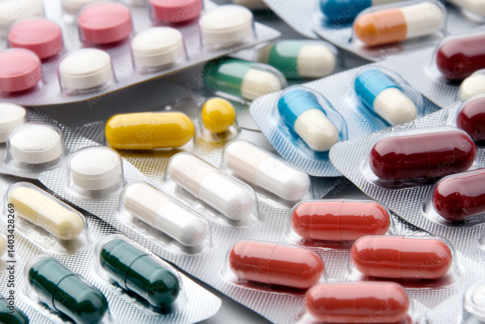 Vitamins and assorted medications arranged in chaotic fashion on a reflective surface