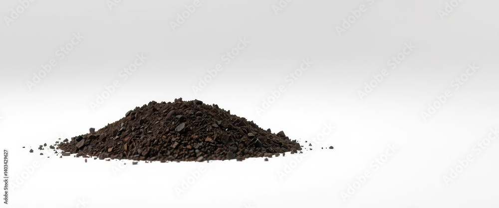 A small, irregular mound of dark brown soil isolated on pure white, geology, isolated A small, irregular mound of dark brown soil isolated on pure white, geology, isolated