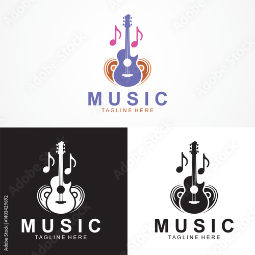 Music Logo with Guitar and Musical Notes Design