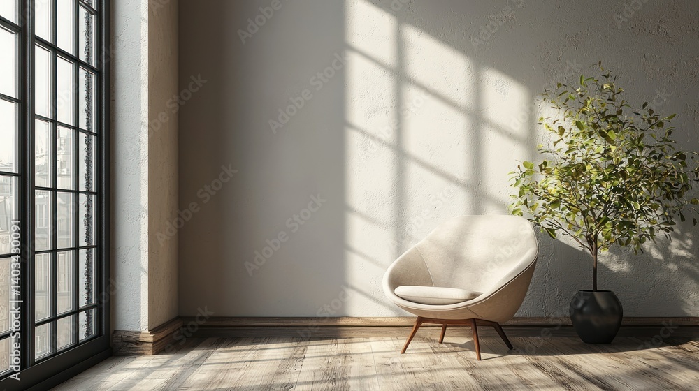 Fototapeta premium Serene Minimalist Room with Modern Chair and Plant