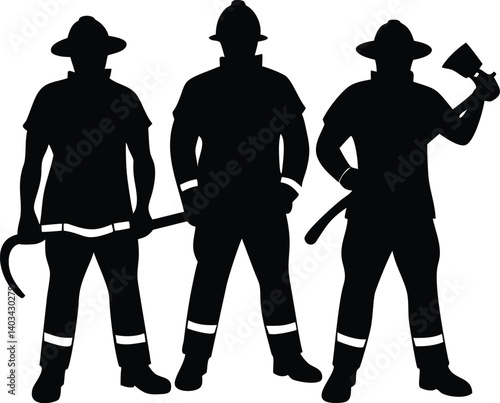 Firefighter Trio Silhouette | Heroic Emergency Responders Vector Art