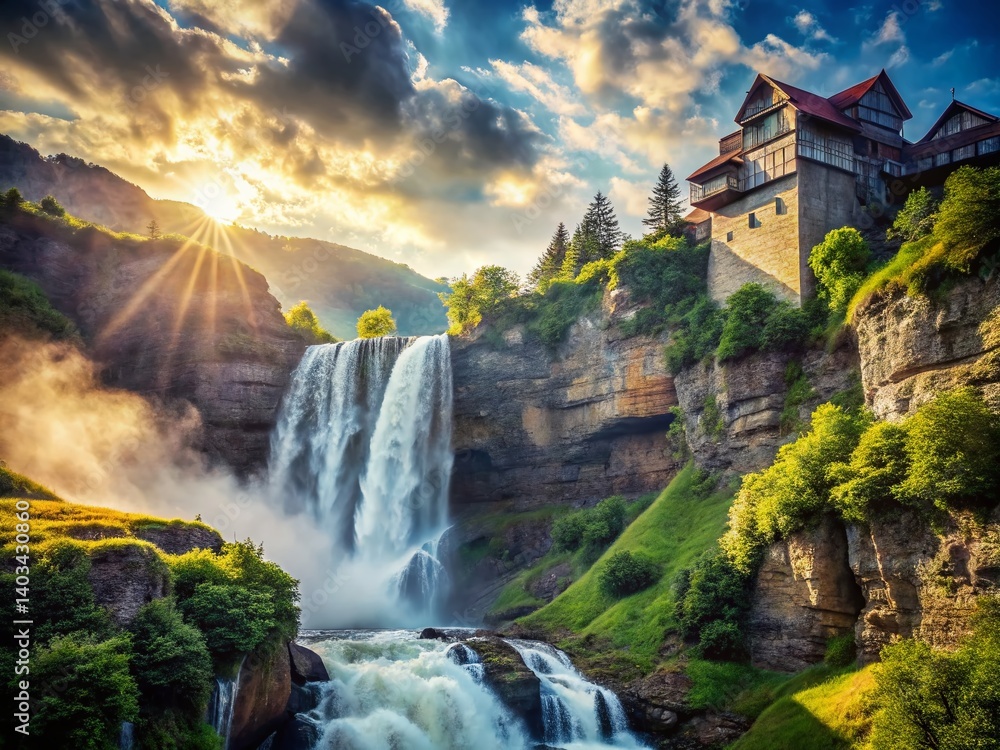 Fototapeta premium Majestic Waterfall Cascading Down Rocky Cliff Face - Stunning Nature Landscape