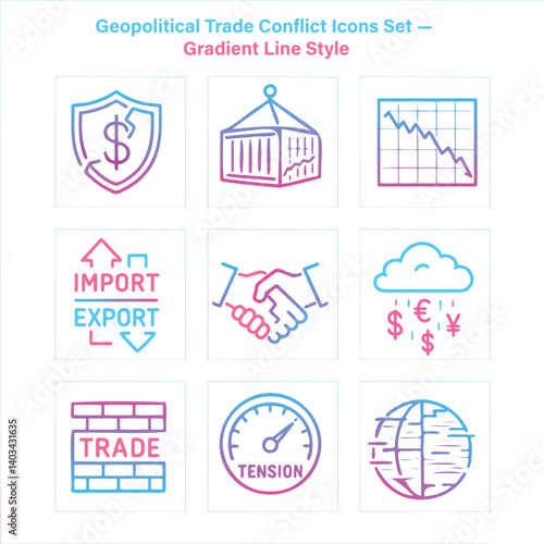 Gradient line icons about geopolitical trade conflict, with symbols of import/export, handshake, falling charts, global commerce, and economic tension. Ideal for finance and news visuals