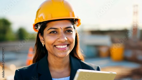 Wallpaper Mural Young Indian female supervisor with clipboard on construction site. With her clipboard, the female supervisor oversees the site, guiding her team to success with confidence. Torontodigital.ca
