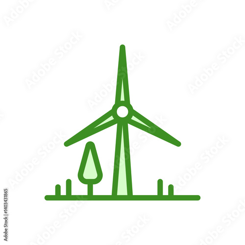 A wind turbine is shown with a tree in the background. Concept of sustainability and renewable energy