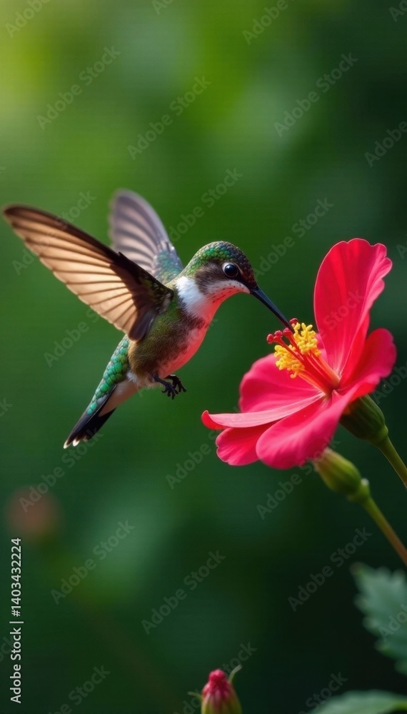 Fototapeta premium Hummingbird feeding, wings blur, intense focus on flower , nature, closeup