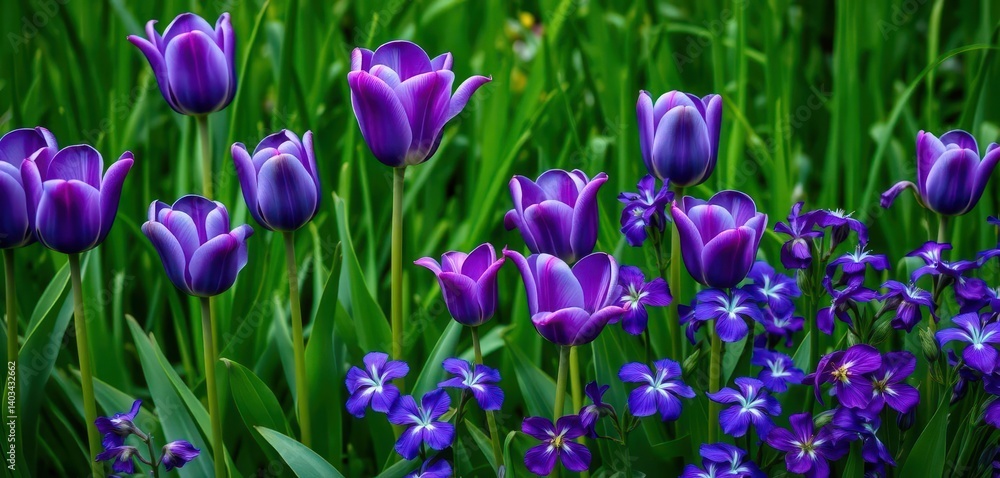 Lush green backdrop showcasing vibrant blue-purple tulips and violets in full bloom, botanical, macro Lush green backdrop showcasing vibrant blue-purple tulips and violets in full bloom, botanical, macro