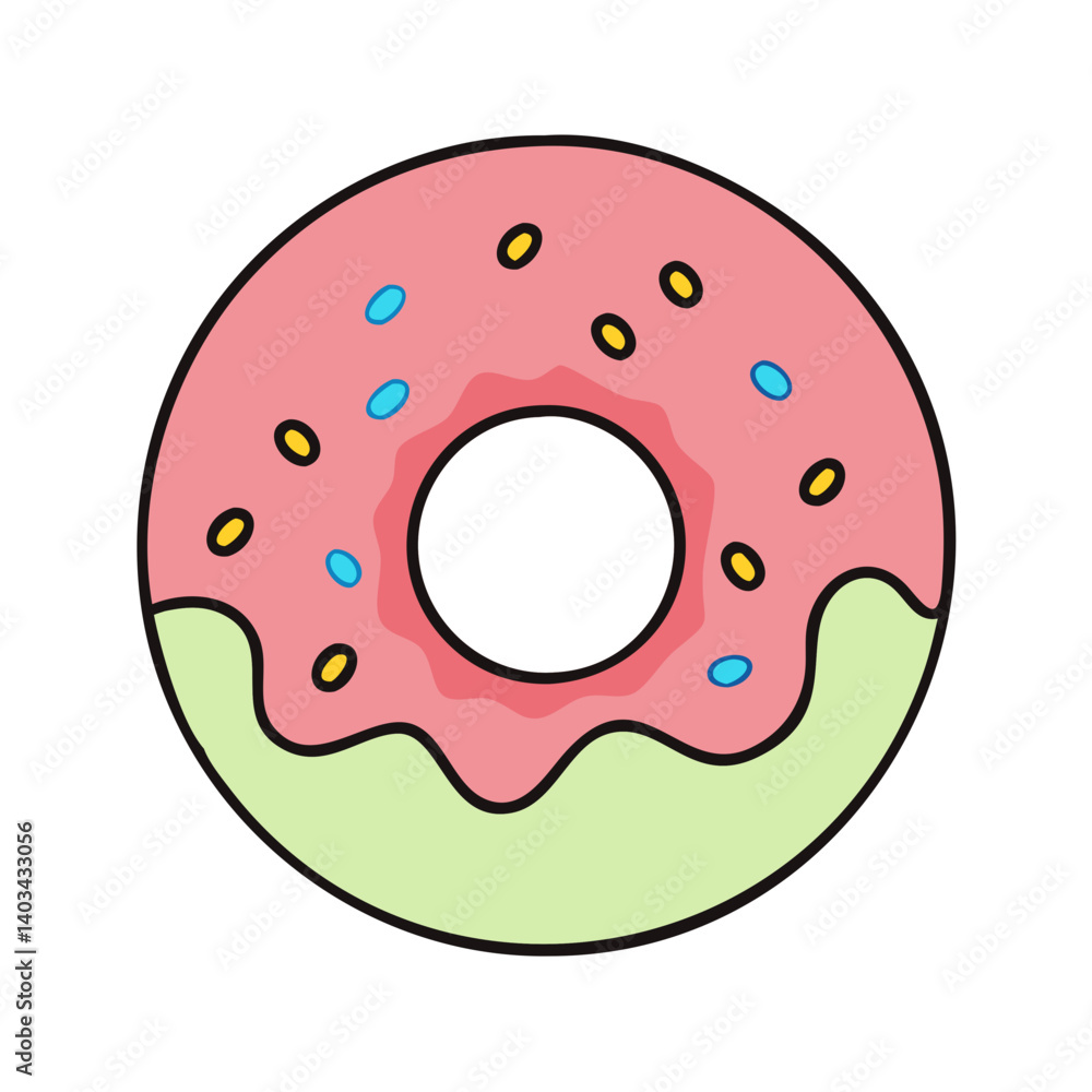 Donut with pink frosting and sprinkles vector illustration delicious sweet dessert food item Donut with pink frosting and sprinkles vector illustration delicious sweet dessert food item