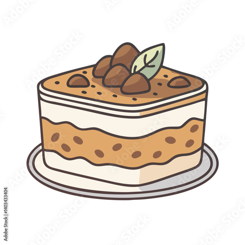 Delicious tiramisu dessert recipe square cake with coffee flavor and cocoa powder illustration