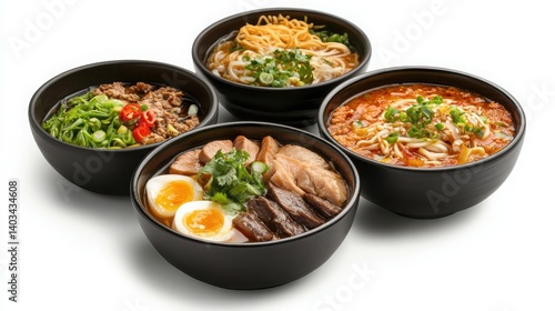 Four Asian-style noodle soups in black bowls