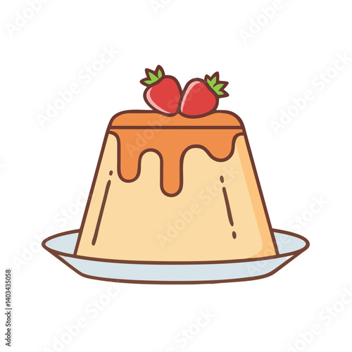 Delicious caramel flan dessert with strawberry topping vector illustration food design item