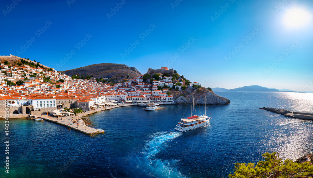 Naklejka premium panoramic view of hydra town saronic islands greece