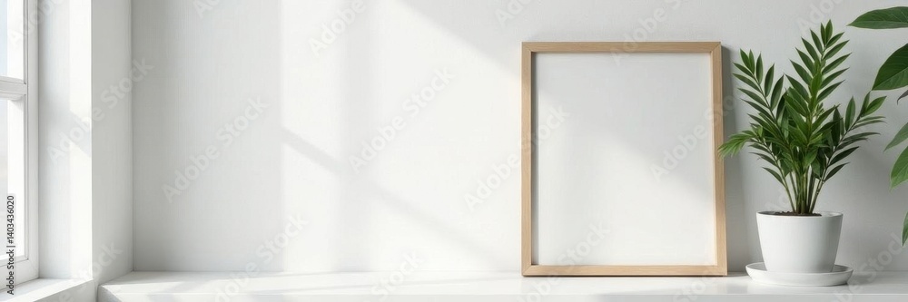 Elegant picture frame and potted plant on a white shelf , shadow, domestic Elegant picture frame and potted plant on a white shelf , shadow, domestic