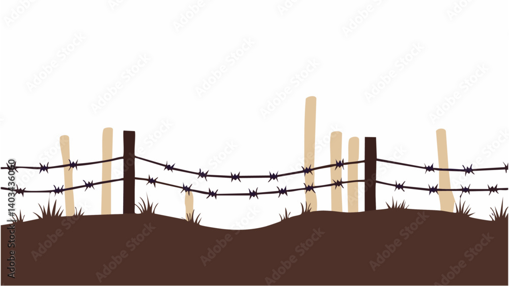 Obraz premium Silhouette of barbed wire and wooden stake on the ground. trench war elements vector background.
