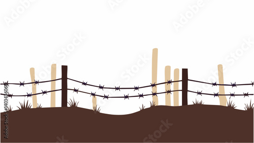 Silhouette of barbed wire and wooden stake on the ground. trench war elements vector background.