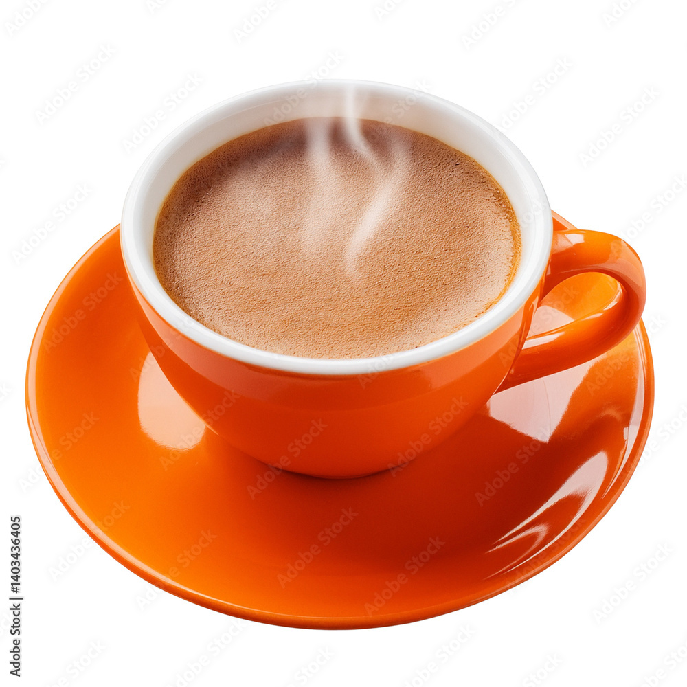 A steaming cup of coffee in an orange ceramic mug, resting on a matching saucer. A steaming cup of coffee in an orange ceramic mug, resting on a matching saucer.