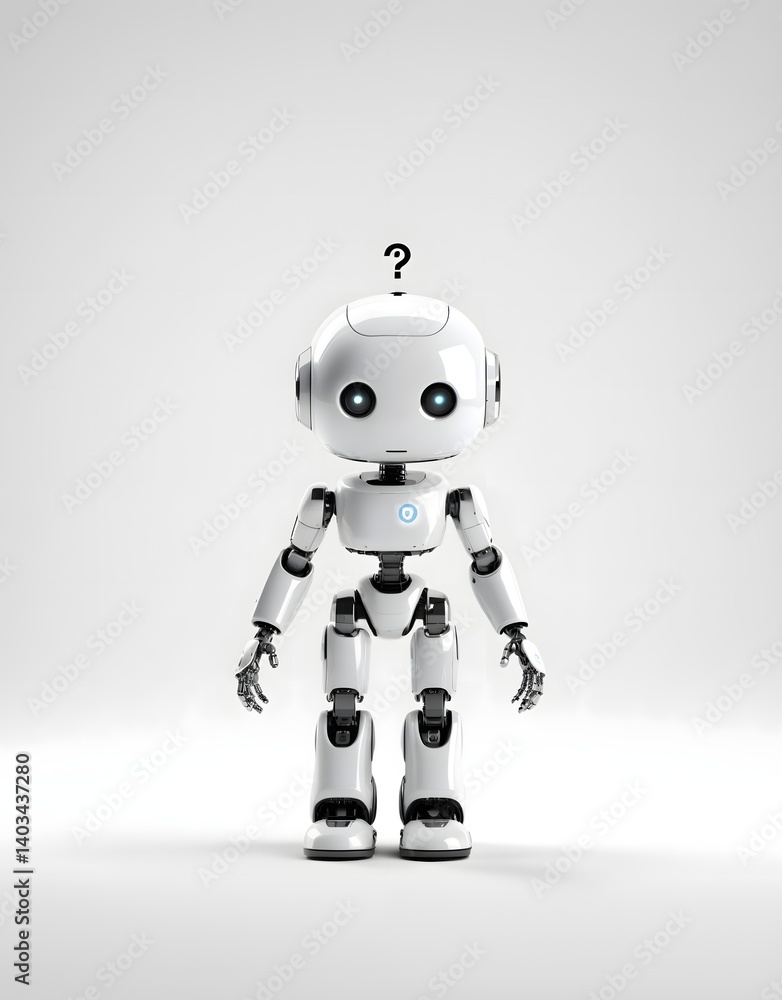 Fototapeta premium Cute Futuristic Robot with Question Mark - Curious AI Bot Concept on White Background for Tech, Innovation, and Education Themes