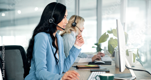 Obraz na płótnie Communication, computer and contact us with woman in call center for assistance or consulting. Advice, customer service and support with employee in telecom workplace as virtual assistant for crm w salonie