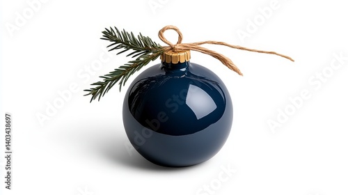 Dark blue Christmas ornament with a sprig of pine and twine bow, isolated on white background.