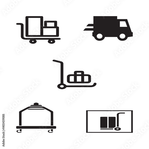 Set of 5 outline delivery and with floral transport, shipment silhouette editable vector isolated 