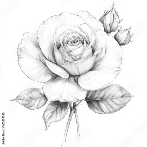 Monochromatic pencil sketch of a single rose with buds and leaves, detailed shading and texture, white background.