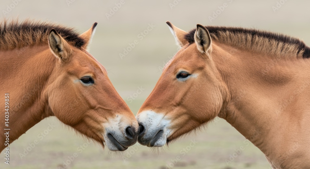 Przewalski's horses facing each other in calm natural habitat Przewalski's horses facing each other in calm natural habitat