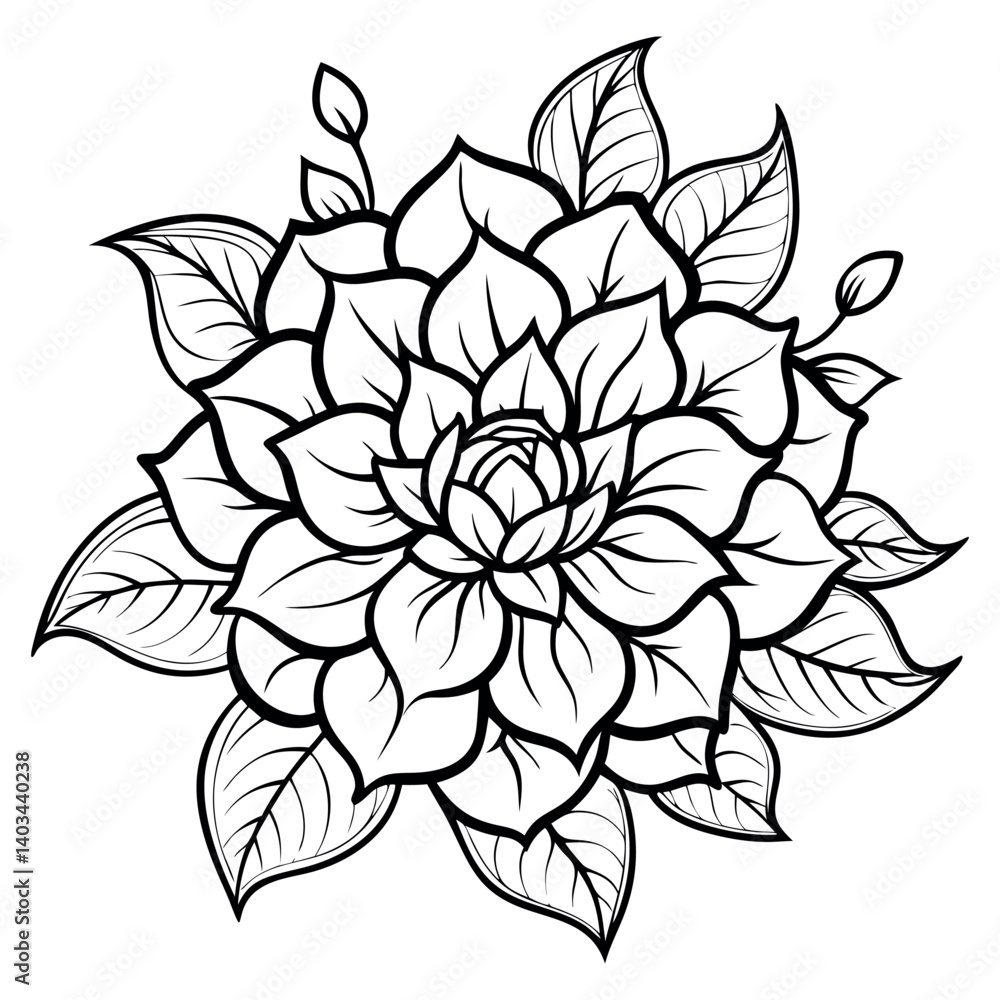 Fototapeta premium Black and white vector illustration of a lotus flower, a floral design element with a nature-inspired, ornamental, tattoo-like petal pattern