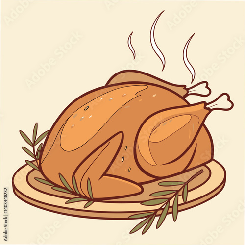 Roasted turkey, a Thanksgiving dinner meat, and roasted chicken with vegetables are food illustrations, isolated on white plates, showing a brown roast meal