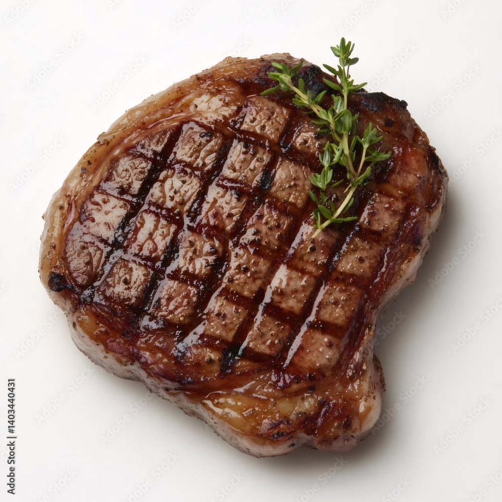 焼き上がったステーキとハーブ添え 白い背景の上 鮮やかな茶色と焦げ目が入った 美味しそうな料理のクローズアップ 焼き上がったステーキとハーブ添え 白い背景の上 鮮やかな茶色と焦げ目が入った 美味しそうな料理のクローズアップ
